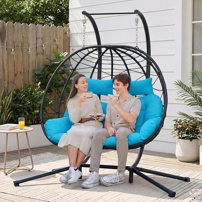 Easyego 2-Person Wicker Hanging Egg Chair with Stand- 700 lb Capacity, Indoor/Outdoor Double Egg Swing Hammock Chair for Patio, Garden, Porch, Living Room, Bedroom-Blue