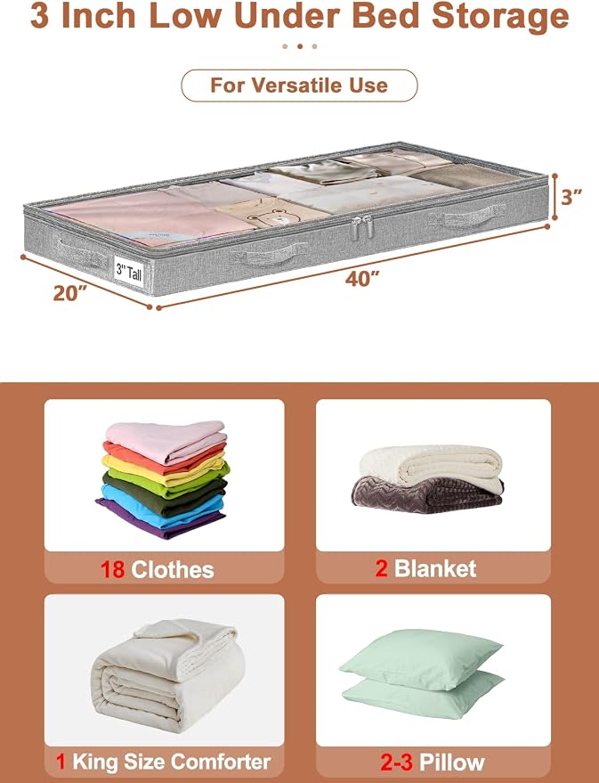 punemi Low-Profile Under Bed Storage Containers, 20 x 40 x 3 in, 4 Pack