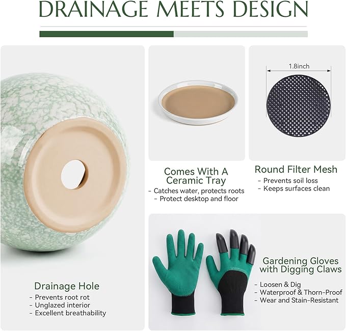 8.3 Inch Ceramic Planter with Saucer Leak-Proof Mesh &Drainage, Round Plant Pot with Gardening Gloves for Indoor Outdoor Plants (Jade Green)