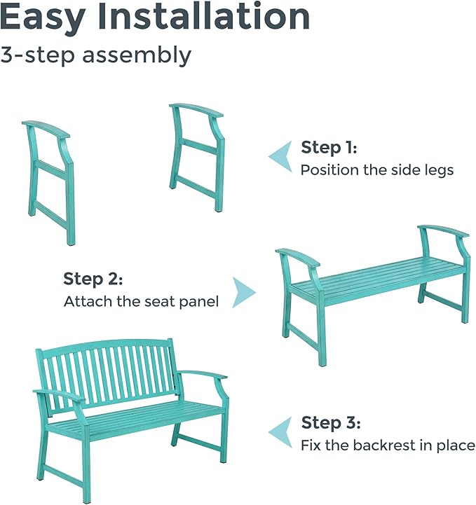 Grand patio 52" Farmhouse Outdoor Bench, Garden Benches with Anti-Rust Aluminum Powder Coated Frame, Faux Wood Grain Finish Frame Patio Bench for Front Porch, Turquoise Blue