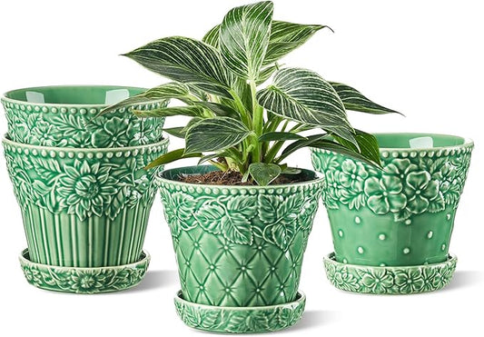 Metahom Ceramic Plant Pots, 5.8 Inch Flower Pots for Indoor Plants, Planters with Drainage Hole & Saucer, Green Planters for Succulent, Orchid, Cactus, Home Decor, Set of 4, Green