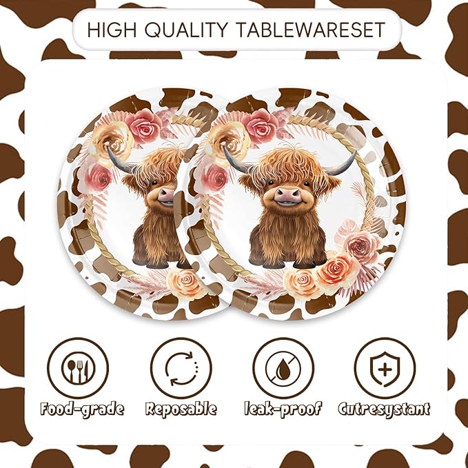 48Pcs Highland Cow Birthday Party Decorations Cute Cartoon Highland Cow Theme Party Plates Napkins and Forks or Baby Shower Supplies Set for 16 Guests