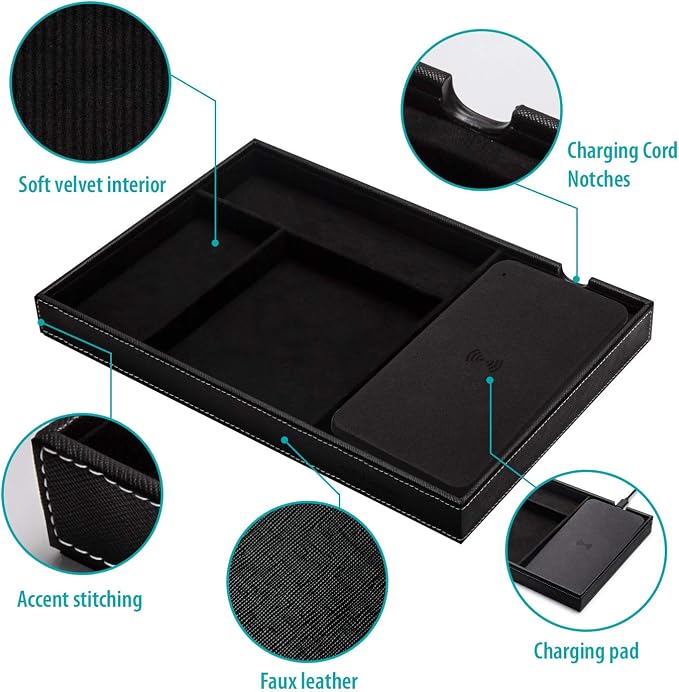 Valet Tray, Built in Wireless Charging Pad, Nightstand Organizer