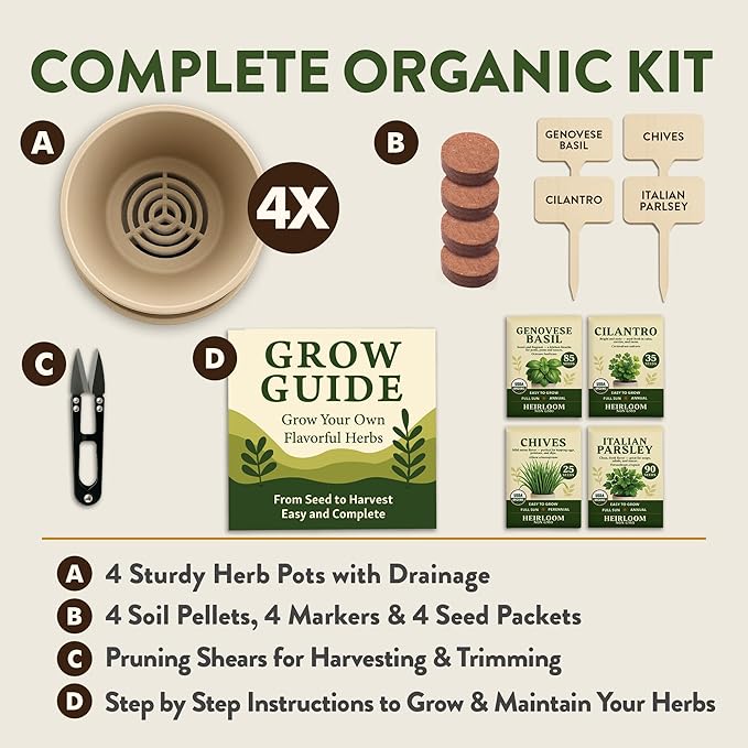 HOME GROWN Indoor Organic Herb Garden Kit, Unique Valentines Day Gift for Adults, Men, & Women,Grow 4 Herb Seeds for Kitchen Window Garden,Beginner DIY Hobby Gardening Gift for Plant Lovers, Mom & Dad