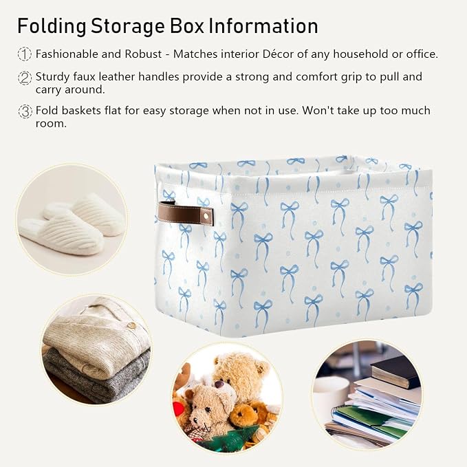 Wamika Pink Bow Cherry Storage Basket with Waterproof Liner and PU Handles Bowknot Coquette Storage Bins Boxes 14.2" Collapsible Decorative Organizer Baskets for Bedroom Closet Office 1 Pack