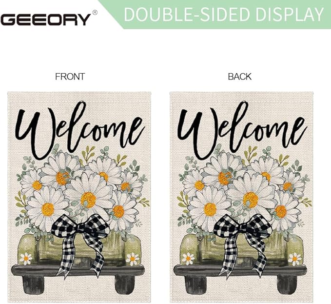 GEEORY Daisy Eucalyptus Truck Welcome Garden Flag 12x18 Inch, Double Sided Spring Summer Small Floral Flag, Farmhouse Rustic Outdoor Outside Yard Lawn Decoration