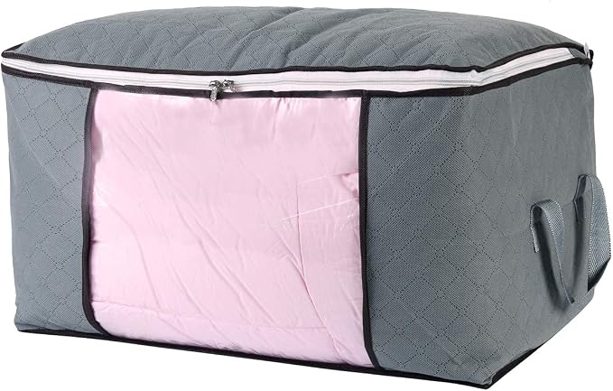 combocube Comforter Storage Bag, Zippered Bag with Large Clear Window and Carry Handles, Space Saver Organizers for Closet, Blanket, Pillow, Quilt, Bedding, Clothes (2Pcs Grey Large)