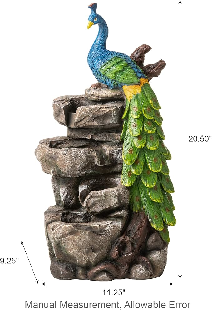 Glitzhome Outdoor Water Fountain with Lights, 4-Tierd Peacock W/Stacked Stone Outdoor Fountain, 20.5" H Polyresin Decorative Waterfall Feature Garden Fountain with Pump for Garden, Patio, Porch