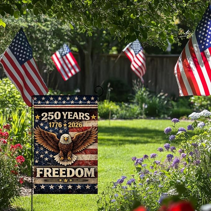 BLKWHT 250 Years America Garden Flag 12x18 Vertical Double Sided 1776-2026 USA 250th Anniversary Freedom Eagle Banner 4th of July Patriotic Outside Decorations Burlap Yard Flag BW864