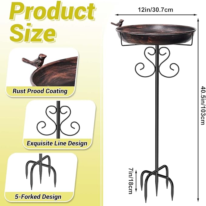 Metal Bird Bath for Outdoors, Vintage Freestanding Birdbaths with Bird Statue 12" Detachable Birdfeeder Bowl with 5- Pronged Base for Outside Garden Patio Yard Lawn Decor (Vintage Bronze)
