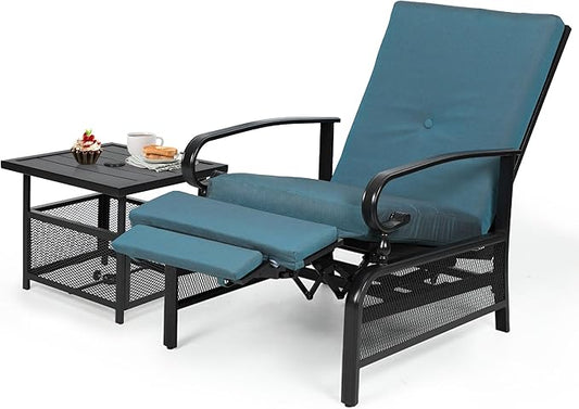 Oakcloud Adjustable Outdoor Lounge Chair Metal Patio Relaxing Recliner Chair Set with Bistro Table and Removable Cushions(Peacock Blue)
