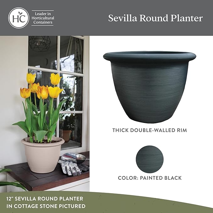 The HC Companies Sevilla Flower Planters - Durable Outdoor & Indoor Planter - Round Lightweight Self Watering Plant Pots for Herbs & More (12" Painted Black, Pack of 2)