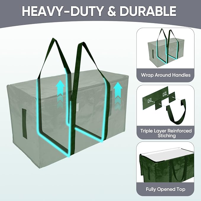 TICONN 2 Pack Extra Large Moving Bags Heavy Duty with Zippers & Carrying Handles, Durable Storage Bags Moving Boxes for Closet Organizers and Storage (2 Pack, Olive)