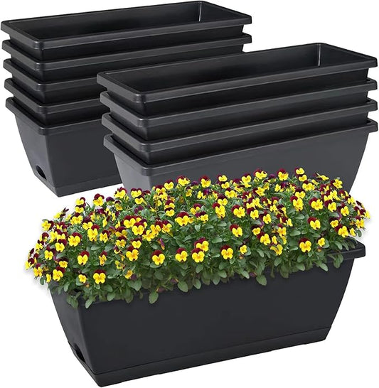 CHUKEMAOYI Window Box Planter, 10 Pack Plastic Vegetable Flower Planters Boxes 17 Inches Rectangular Flower Pots with Saucers for Indoor Outdoor Garden, Patio, Home Decor (Black)