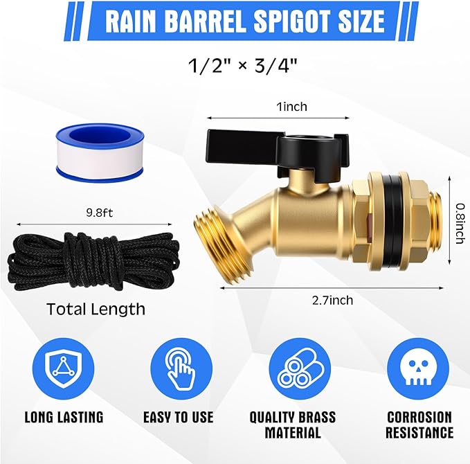 JaGely 3 Sets Brass Rain Barrel Spigot Kit 1/2" Inlet to 3/4" Quarter Turn Ball Valve with Bulkhead Fitting, Brass Bulkhead Faucet Kit with Thread Tape and 9.8ft Traction Rope for Water Tanks, Pools