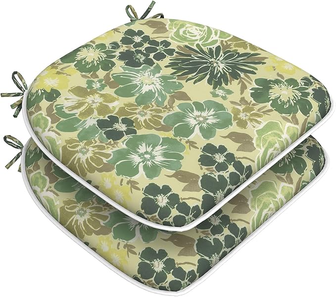 DYTXIII Set of 2 Outdoor Chair Cushions with Ties, Water Repellent Patio Chair Pads 17"x 16" for Outdoor Furniture, Round Corner Seat Cushions for Garden Yard Kitchen Green Rose