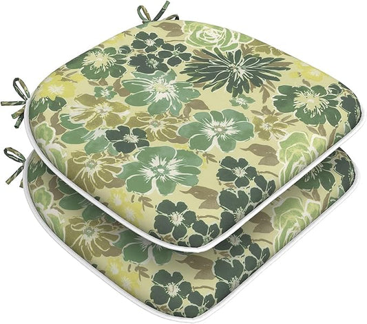 DYTXIII Set of 2 Outdoor Chair Cushions with Ties, Water Repellent Patio Chair Pads 17"x 16" for Outdoor Furniture, Round Corner Seat Cushions for Garden Yard Kitchen Green Rose