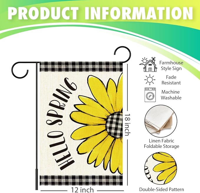 Hello Spring Flags for Outside,Buffalo Plaid Daisy Garden Flag for Yard Patio Lawn Decoration,12x18 Inch Double Sided