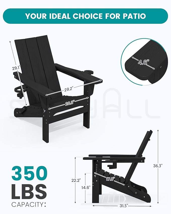 SERWALL Modern Adirondack Chair Set of 2, Folding Adirondack Chair with Dual Cup Holders, Outdoor HDPE Plastic Fire Pit Chairs for Patio Lawn Garden, Black