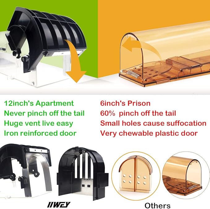 Humane Mouse Traps, 12 inches Enlarged No Kill Rat Live Traps for Chipmunks, Reusable Catch and Release Mice, Pet and Children Friendly Mouse Trap that Work (Black 2Pack)