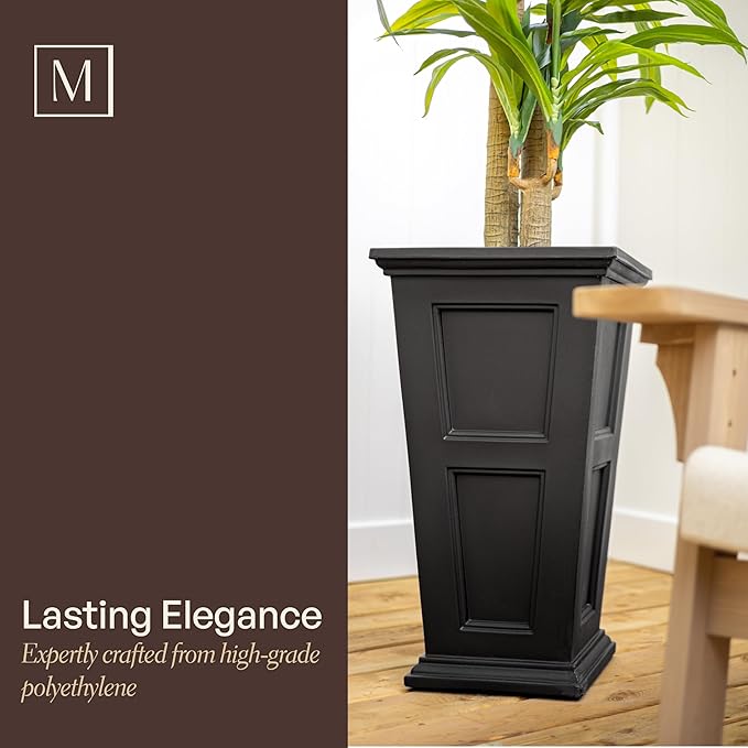 Mayne Fairview 28-Inch Self-Watering Tall Planter with Reversible Planter Insert, Classic Inset Panels, New England Architecture Design, UV & Weather Resistant, Indoor/Outdoor Use, Black