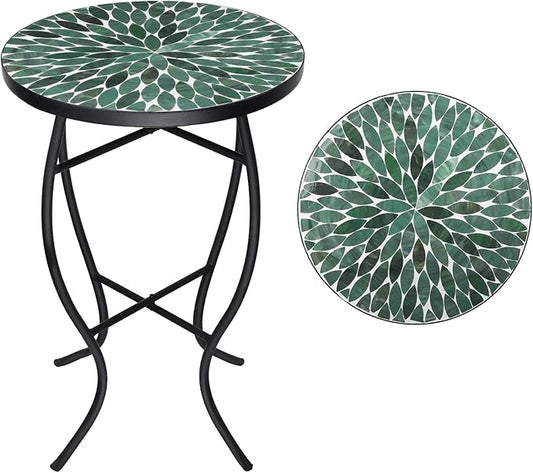 VCUTEKA Mosaic Outdoor Side Table - Small Patio Table Coffee Outside Accent Tables Round End Plant Tables for Bistro Balcony Porch Outdoor Benches 14'' Green
