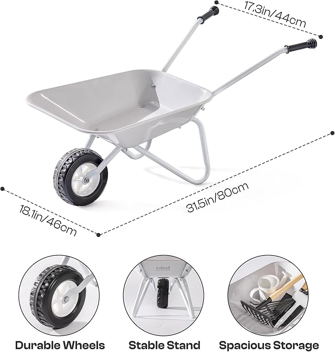 ROBUD Kids Gardening Tools Outdoor Toys Set Backyard Play with Kids Wheelbarrow-9pcs Metal Toddler Wheelbarrow, Garden Tools, Watering Can, Plant Labels for Ages 3+ (Grayish White)