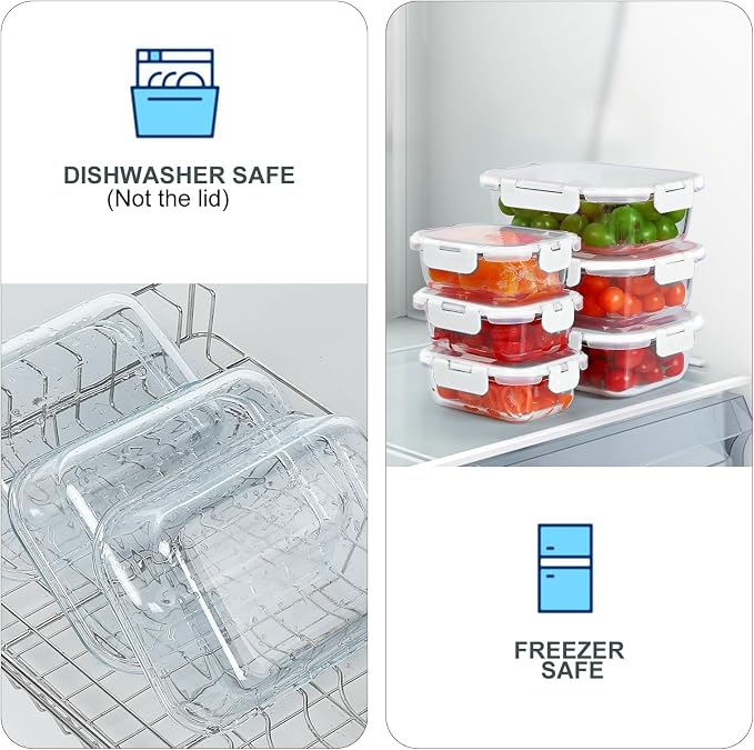 KOMUEE 10 Pack Glass Food Storage Containers with Lids, White | Meal Prep Containers Set, Airtight Glass Lunch Boxes, BPA-Free, Freezer, Oven, and Microwave Safe
