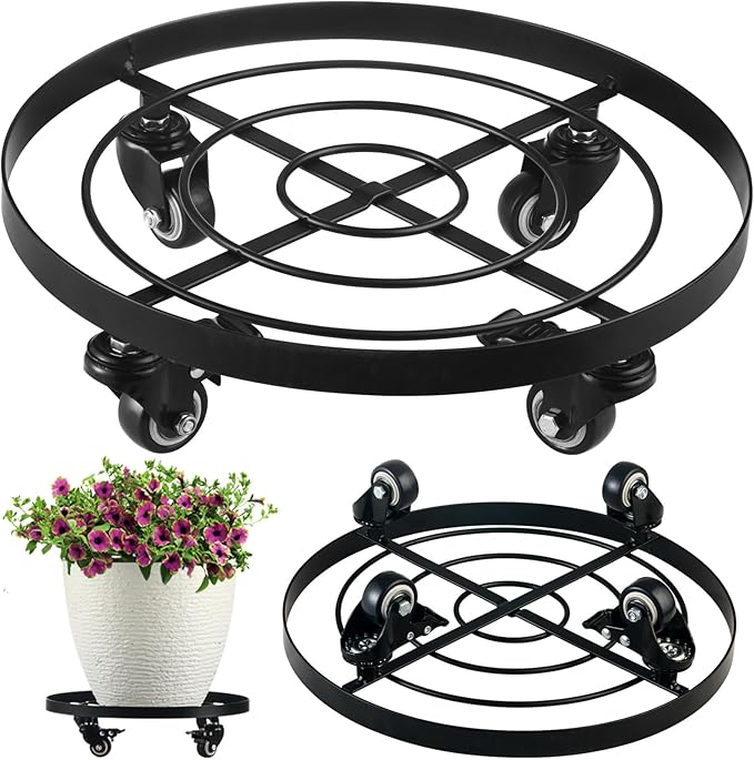Planterhoma 1 Packs Large Metal Plant Caddy 13.6 Inch Plant Dolly with Wheels Heavy-duty Iron Rolling Plant Stand with Casters for Indoor Outdoor Flower Pot Mover Roller Coasters, Black