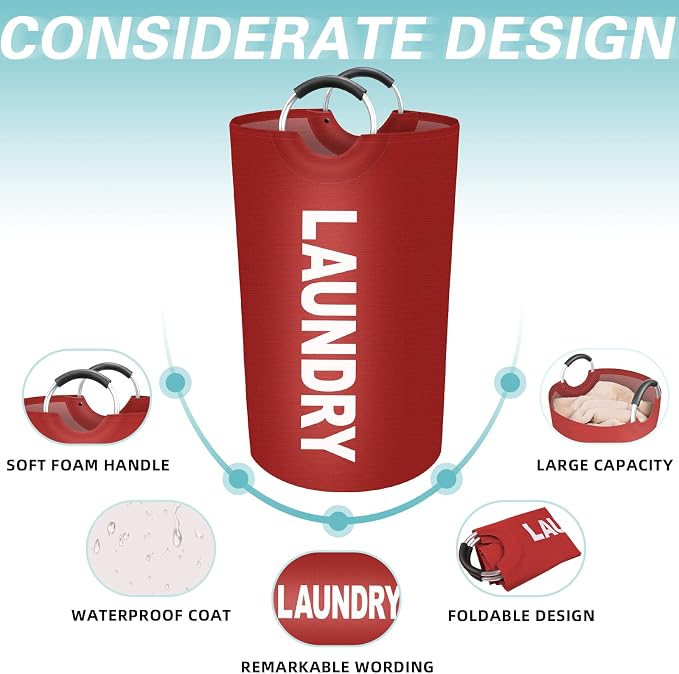 90L Large Laundry Basket, Dirty Clothes Waterproof Laundry Hamper, Red | Collapsible Laundry Basket with Foam Protected Aluminum Handles for Laundry Dorm Family, Black Dirty Clothes Hamper