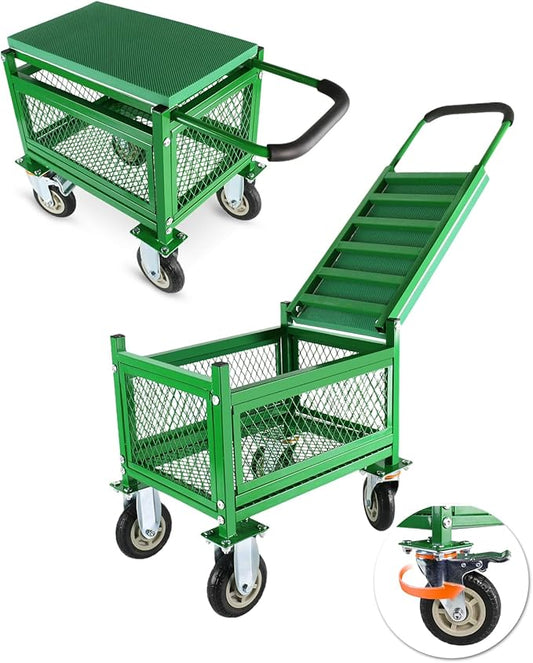 Garden cart with seat and Wheels - Lockable 360 Swivel Wheels & Heavy‑Duty – Foam Handle Grip, Large Mesh Storage Basket – Comfortable Garden Rolling Seat for Seniors, Patio, Lawn & Yard