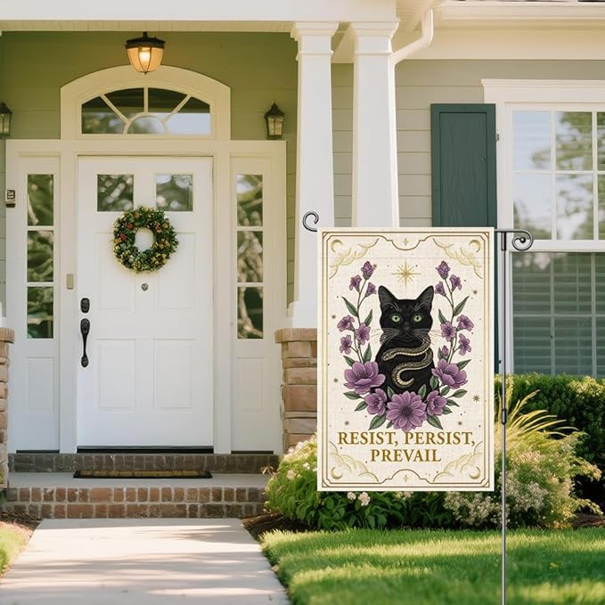 Resist Persist Prevail Garden Flag, Feminist Snake Cat Yard Decor, Empowerment Political Statement Justice Banner, Black Cat Lovers Flag Gifts, Community Welcome Home Holiday Party Outdoor Decor