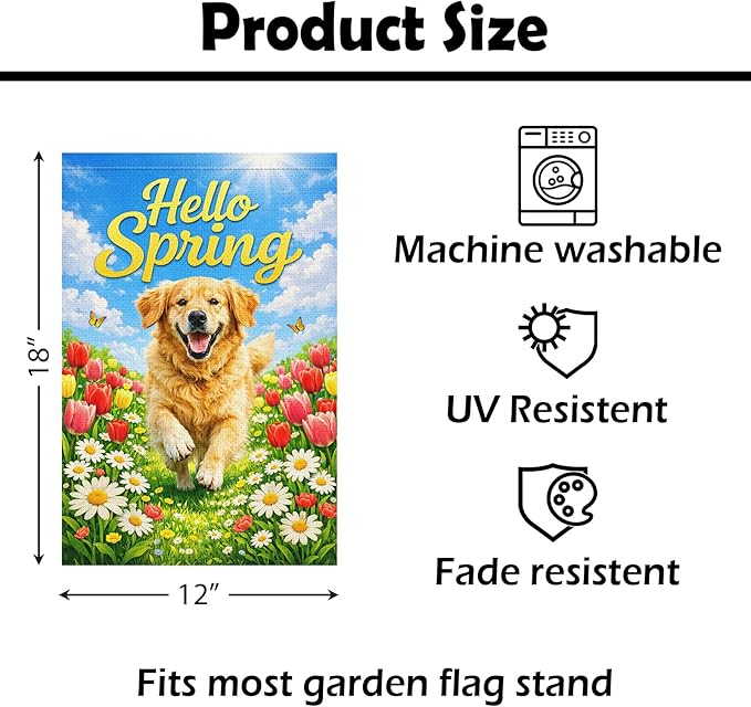 Heyfibro Hello Spring Garden Flag Double Sided 12x18 Inch Golden Retriever Floral Yard Flag for Outside Seasonal Dog Lover Outdoor Decor for Farmhouse Patio Porch