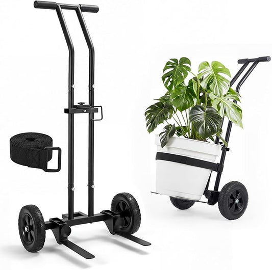 Heavy Duty Plant Caddy with Wheels, 175Lbs Adjustable Plant Dolly Cart with Grab Arm/Suction Cups/Strap, Dual Protection Potted Plant Mover Cart for Indoor Outdoor Garden Courtyard Office, Black