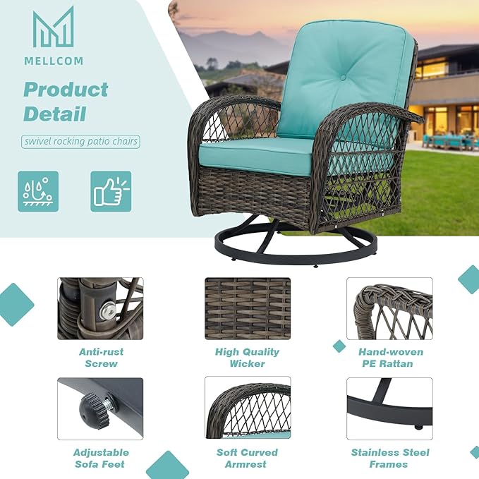 MELLCOM 5 Pieces Patio Furniture Set, Outdoor Swivel Rocker Patio Chairs with Ottomans, Wicker Conversation Set with Rocking Chairs, Glass Coffee Table for Backyard, Peacock Blue