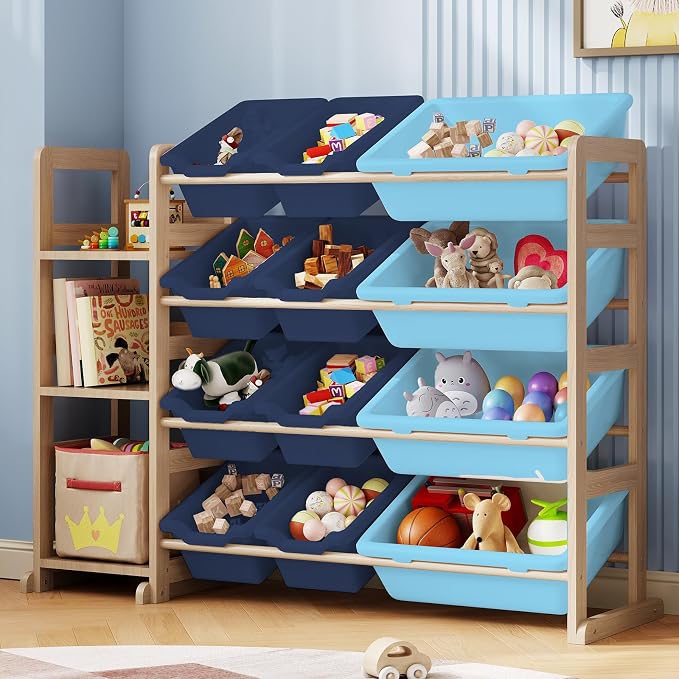 Toy Storage Organizer - Toy Organizers and Storage with Bookshelf, Toy Storage Shelf with 3 Shelves and 12 Storage Bins, Kids Bookshelf and Toy Storage for Kids Room, Playroom, Bedroom, Nursery, Blue