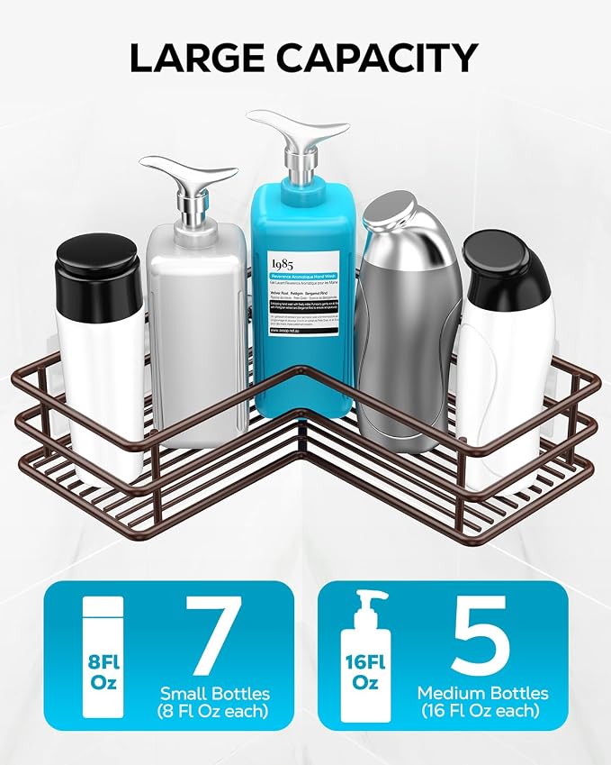 Nieifi Corner Shower Shelves, Adhesive Shower Caddy, Bathroom Organization | Stainless steel, 2 pack, wall mounted, bathroom shelves, shampoo and soap holder, bathtub storage, with hooks, brown