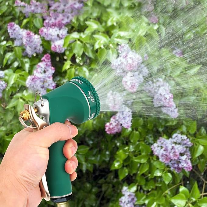 Garden Hose Nozzle, Heavy Duty Metal Spray Nozzle with Tie Rods Made of Brass, High Pressure Hose Nozzle with Non-Slip Grip Handle for Watering Garden, Washing Cars and Showering Pets (Green)