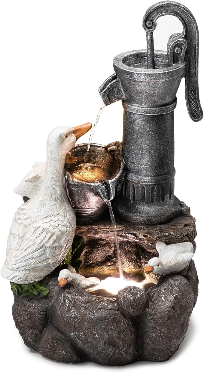 Glitzhome 23.5" Outdoor Duck Fountain with LED Light & Pump, Freestanding 2 Tier Weather-Resistant Patio Fountains Waterfall, Farmhouse Duck Family Sculpture Water Fountain for Backyard Lawn Decor