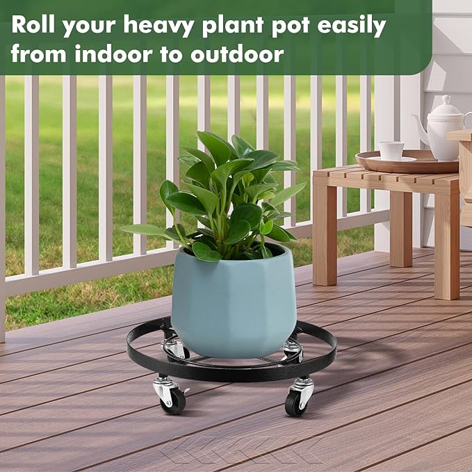 3 Packs Large Metal Plant Caddy 12.6” Plant Dolly with Wheels Heavy-duty Wrought Iron Rolling Wheeled Plant Stand with Casters for Indoor and Outdoor Plant Pot Rollers, 12" Clear Plant Saucers Included