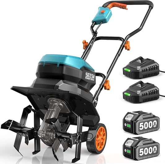 Seesii 40V Cordless Tiller for Gardening, 12" Electric Garden Tiller Cultivator with 2×5.0Ah Batteries & Charger, 8" Depth, Adjustable Handle & Wheel, Heavy Duty Rototiller for Lawn &Soil Cultivation