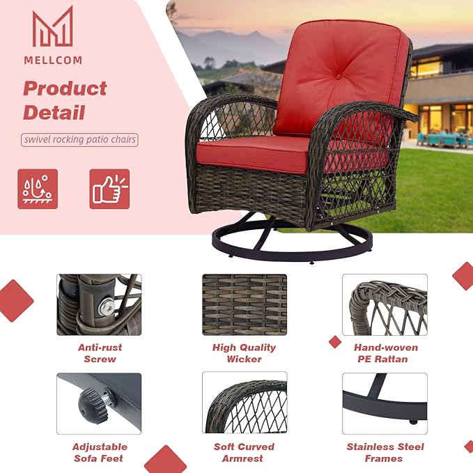 MELLCOM 5 Pieces Patio Furniture Set, Wicker Outdoor Furniture with Ottomans, Rocking Chairs and Glass Coffee Table, Outdoor Swivel Rocker Patio Chairs for Porch, Wine Red