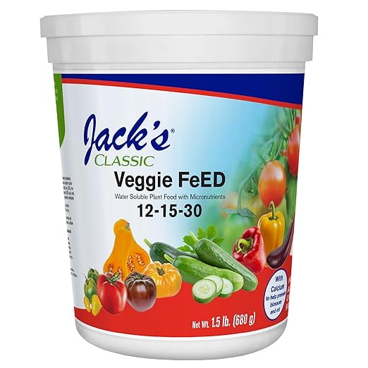 Jack's Classic 12-15-30 Veggie Feed Water-Soluble Fertilizer with Micronutrients, 1.5lbs - Plant Growth and Abundant Fruit Set in Blooming Vegetable Plants