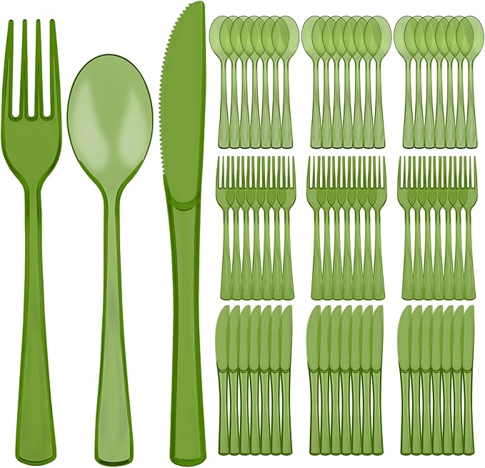 75 PCS Plastic Silverware Disposable Silverware Heavy Duty Utensil Sets 25 Of Each Forks Knives & Spoons Disposable Cutlery Set For Easter,Birthday,Baby Shower,Garden Party,Wedding(75,Olive Green)
