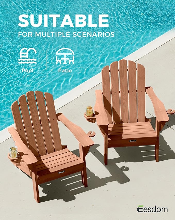 Adirondack Chairs Set of 4, HDPE Material Fire Pit Chairs, Plastic Adirondack Chairs with 2 Cup Holder, Outdoor Lawn Chair for Patio Garden, Teak