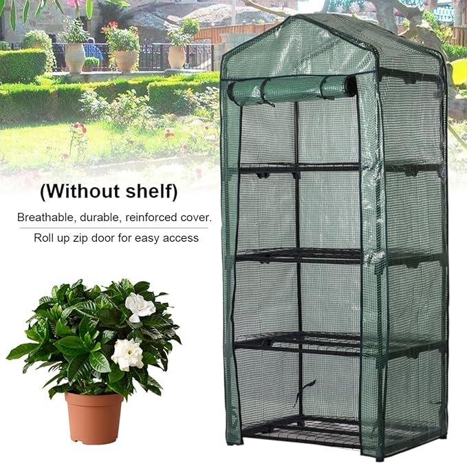 4 Tier Mini Garden Greenhouse Cover, Garden Replacement Cover with Roll-up Zipper Door, Waterproof Clear Greenhouse Cover, Plastic Mini Greenhouse for Flowers Plants and Vegetables