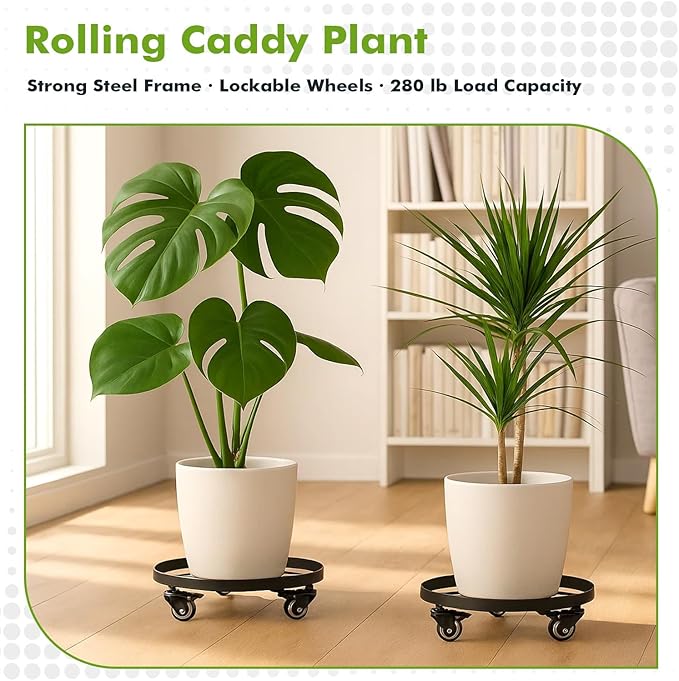 3 Packs Metal Plant Caddy 10.6 Inches Plant Dolly Coasters with Wheels Heavy Duty Rolling Plant Stand with Casters for Indoor Outdoor Flower Pot Mover Rollers Black, Plastic Saucers Included