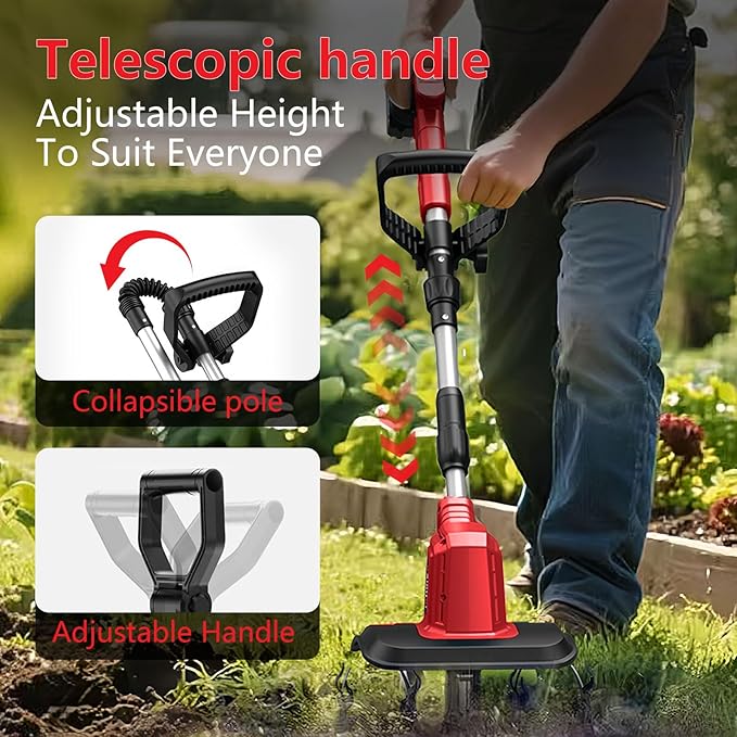 21V Cordless Tiller Cultivator, 300RPM Electric Garden Tiller, 2×4.0AH Batteries & Fast Charger Lightweight Rototiller 12" Width, 8" Depth for Lawn/Soil/Plowing/Weeding/Farm