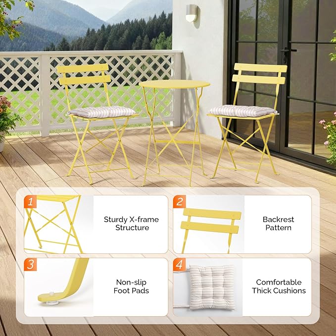 VINGLI Outdoor Folding Bistro Table and Chairs Set of 2, 3-Piece Bistro Set with Premium Steel Frame and Comfortable Cushions for Patio, Balcony, Garden, Porch, Yard, Yellow