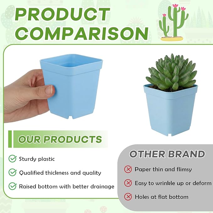 Yaomiao 200 Pack 3 Inch Blue Nursery Pot Square Flower Pots Plastic Plant Succulent Planter Seed Starting Pots with Drainage Holes for Garden Office Balcony Decor Indoor Outdoor Plant Seedling